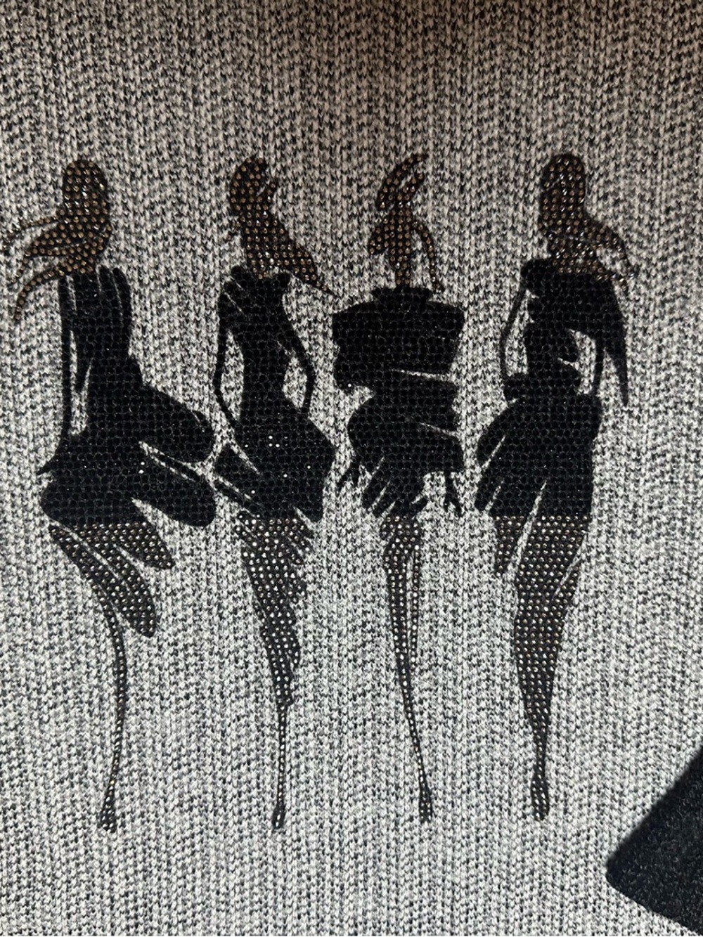 Grey Long Sleeve Top with Black Rhinestone Dancer Silhouettes